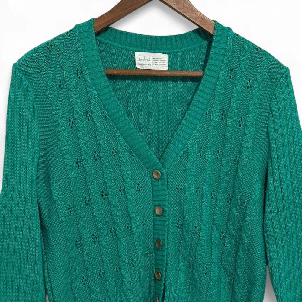 Vintage Pandora Green Cable Knit V-Neck Cardigan Sweater